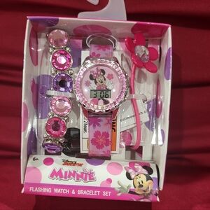 Disney Minnie Mouse Girls Flashing LCD Pink Ombre Silicone Watch, Bracelet and H